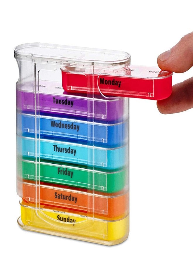 Dkriva منظم حبوب Dkriva® لمدة 7 أيام، علبة صلبة مزودة بمغناطيس مدمج، 7 صواني قابلة للتكديس، مثالي للسفر والاستخدام المنزلي | متعدد الألوان | قطعة واحدة - Image 4